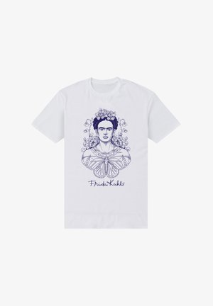 Witte katoenen T-shirt met een blauwe afdruk van het gezicht van Frida Kahlo, omringd door bloemen en een vlinder, met de tekst "Frida Kahlo" eronder.