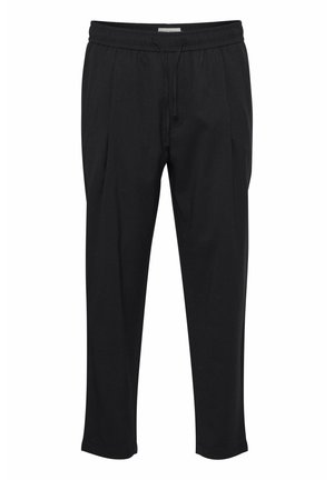 Pantaloni neri elasticizzati con una vestibilità comoda. Presentano una vita elastica con cordino, dettagli plissettati e caviglie bordate.