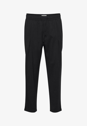 Pantalons noirs extensibles avec une coupe décontractée. Comprend une taille élastique avec cordon de serrage, des détails plissés et des chevilles resserrées.