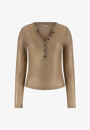 Brązowa bluzka z długim rękawem o fakturowanym wzorze i dekoltem typu Henley. Z przodu cztery ciemne guziki na listwie. Wykonana z miękkiego dzianinowego materiału.