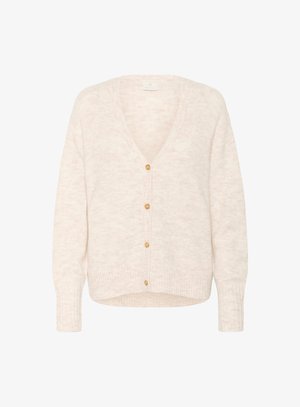 Helle rosa Strickjacke aus weichem Stoff, mit V-Ausschnitt, fünf Holzknöpfen und gerippten Bündchen und Saum.