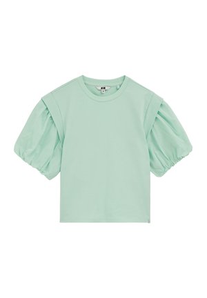 Mätovo zelený top s krátkymi rukávmi, nafúknutými, nahromadenými rukávmi a okrúhlym výstrihom, vyrobený z hladkej látky.