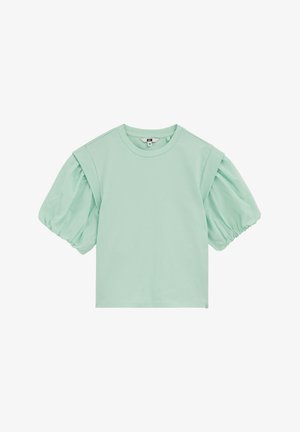 Haut vert menthe à manches courtes avec manches bouffantes froncées et encolure ronde, fabriqué en tissu lisse.