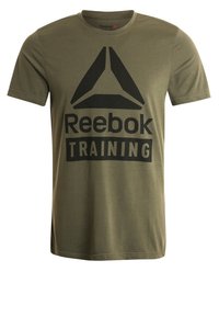 Olive green cotton T-shirt with short sleeves, featuring a prominent black "Reebok" logo and "TRAINING" text on the front.