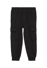 Schwarze Jogginghose aus weichem Material, mit elastischem Bund, seitlichen Taschen und Cargo-Taschen an beiden Oberschenkeln. Bündchen an den Knöcheln.