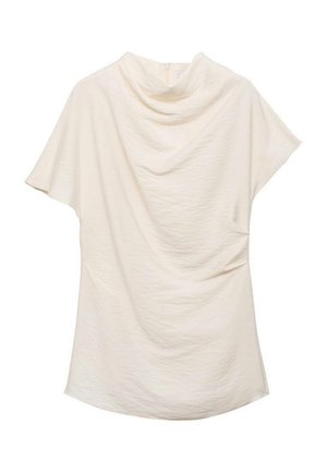 Krémový krátký rukáv top s drapovaným výstřihem, vyrobený z texturované látky a s volným střihem, ideální pro každodenní nebo vrstvené outfity.
