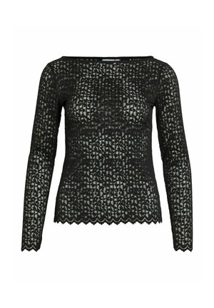 Zwarte kanten blouse met lange mouwen, een patroongedetail, een golvende zoom en een brede halslijn. Lichtgewicht stof met ingewikkelde ontwerpelementen.