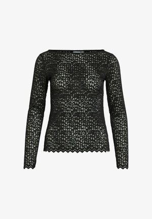 Top lungo a maniche nere in pizzo con una texture a motivo, orlo scallop e scollatura ampia. Tessuto leggero con dettagli di design intricati.