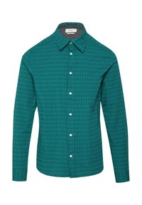 Langarmshirt in teal met een herhalend verticaal patroon in het wit. Beschikt over een klassieke kraag en knopen aan de voorkant. Zachte textuur.