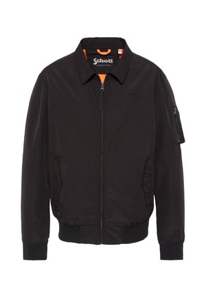 Czarna kurtka bomberka na zamek z prążkowanymi mankietami i obszyciem, kieszeniami bocznymi, kieszenią na zamek na rękawie oraz pomarańczową podszewką wewnętrzną.