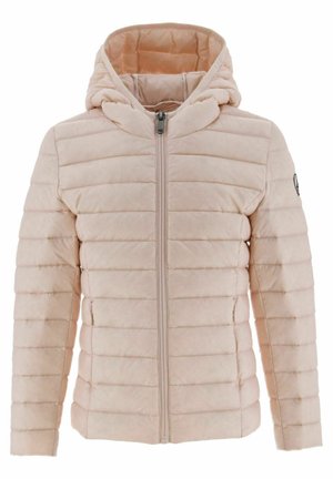 Giacca a vento rosa chiaro con cappuccio, dotata di una cerniera frontale, texture a coste e cuciture verticali sul corpo e sulle maniche.