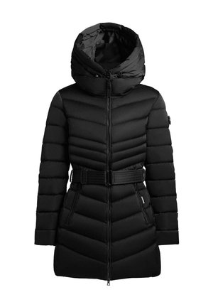 Giacca a vento nera con colletto alto, chiusura con zip, vita con cintura e motivo a rombi; presenta due tasche con zip.