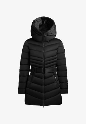 Giacca a vento nera con colletto alto, chiusura con zip, vita con cintura e motivo a rombi; presenta due tasche con zip.