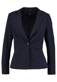 Marineblauwe pinstripe blazer met lange mouwen, ingezette kraag en sluiting met één knoop. Voorzien van een getailleerde pasvorm en gladde textuur.