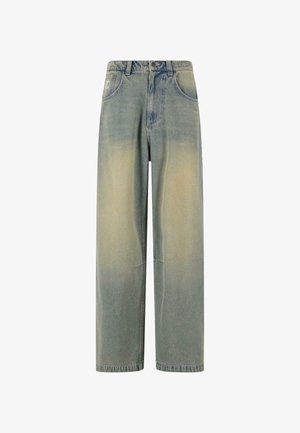 Helles blaue Denim-Weite Beinform-Jeans mit einem verblassten Farbverlauf, ausgestattet mit fünf Taschen und einem klassischen Bund mit Gürtelschlaufen.