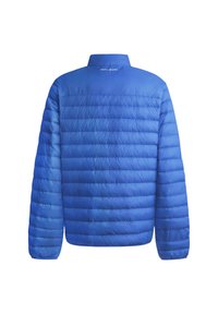 Plava jakna na napuhavanje s visokim ovratnikom, koja ima horizontalne kviltane panele, a naziv brenda "Pepe Jeans" nalazi se straga, blizu vrata.