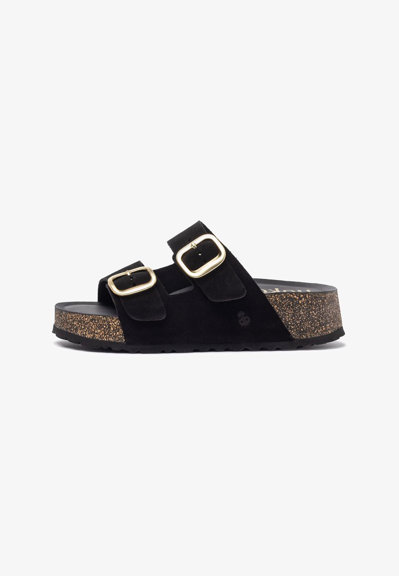 Black suede sandals with two adjustable straps, featuring gold buckles, a textured cork platform sole, and a ridged rubber outsole.