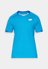Short-sleeve athletic shirt made of blue fabric with mesh accents. Features V-neck, white trimming, and a small white logo on the chest.