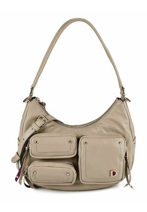 Beige Lederschultertasche mit einem Hauptfach mit Reißverschluss, drei vorderen Reißverschlusstaschen und einem verstellbaren Schulterriemen.