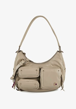 Beige Lederschultertasche mit einem Hauptfach mit Reißverschluss, drei vorderen Reißverschlusstaschen und einem verstellbaren Schulterriemen.