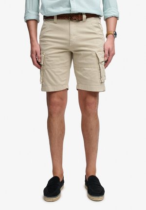 Mężczyzna ubrany w beżowe szorty cargo, jasnoniebieską pasiastą koszulę, pleciony brązowy pasek, zegarek na nadgarstku i czarne buty wsuwane.