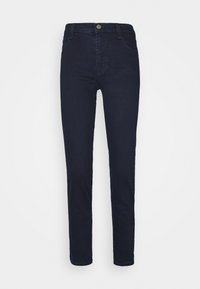 Mörkblå denimjeans med en figursydd design, femficksstil, frontknäppning och kontrasterande sömmar. Slät yta och rak ben.