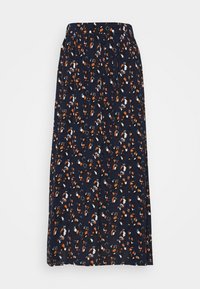 Marinblå kjol med ett floralt mönster i orange och vitt, tillverkad av lättviktig tyg. Har en plisserad design och en åtsittande midjeband.