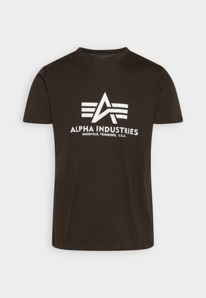 Brown cotton t-shirt with short sleeves and round neckline. Features a large white logo with "ALPHA INDUSTRIES" and a design of three horizontal lines.