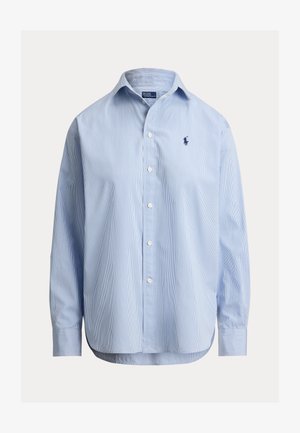 Camicia a maniche lunghe a righe blu e bianche, con chiusura frontale con bottoni, colletto, vestibilità regolare, caratterizzata da un piccolo logo ricamato sul petto.