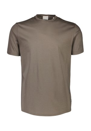 T-Shirt mit kurzen Ärmeln in einfarbigem Taupe, aus weichem, glattem Material mit runder Ausschnittform und lässigem Schnitt. Subtiler Markenaufnäher an der Seite.