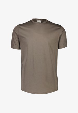 T-Shirt mit kurzen Ärmeln in einfarbigem Taupe, aus weichem, glattem Material mit runder Ausschnittform und lässigem Schnitt. Subtiler Markenaufnäher an der Seite.