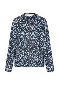 Svart och ljusblå mönstrad lättviktsjacka med dragkedja på framsidan, huva och sidofickor. Har en vågig, abstrakt design.