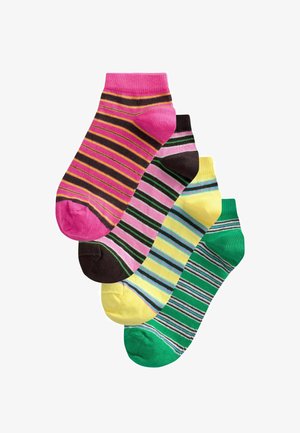 Vier Paar Knöchelsocken mit horizontalen Streifen in Pink, Schwarz, Gelb, Grün und Blau, übereinander gestapelt auf weißem Hintergrund.