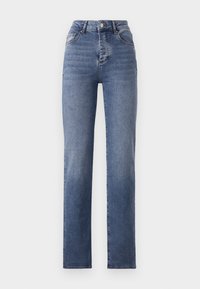 Jeans de tiro alto en azul con un diseño de pierna recta, hechos de mezclilla. Presentan un ligero lavado y un estilo clásico de cinco bolsillos.