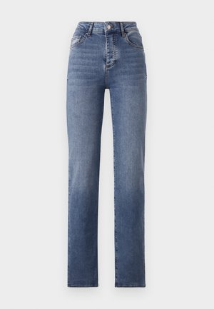 Hochtaillierte blaue Jeans mit geradem Bein, aus Denim gefertigt. Merkmale sind dezente Abnutzungsspuren und klassischer Fünf-Taschen-Stil.