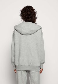 Grå sweatshirt med huva, med långa ärmar och ribbade mudd. Tyget verkar mjukt med en något borstad textur.