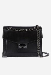 Black leather crossbody bag with silver chain strap, front flap, turn-lock clasp, and reinforced metal corners on a plain background.