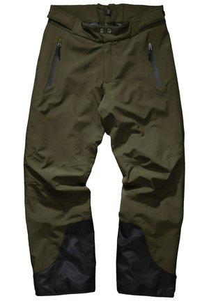 Wodoodporne oliwkowe spodnie o gładkiej fakturze, z zamykanymi na zamek kieszeniami i czarnymi akcentami na brzegach. Posiadają wysoki stan z zapięciem na guzik.