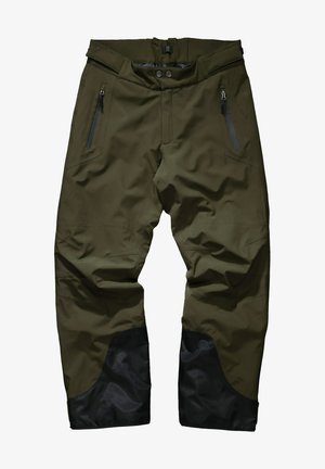 Pantalones de color verde oliva impermeables con una textura suave, bolsillos con cremallera y acentos negros en los dobladillos. Presentan una cintura alta con cierre de botón.