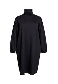 Svart polotröja klänning i mjuk bomull, med långa, puffärmar och en lös, oversized passform med elastiska manschetter.