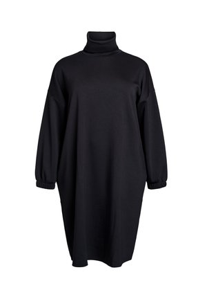 Black turtleneck dress made from soft cotton, featuring long, puffed sleeves, and a loose, oversized fit with elastic cuffs.