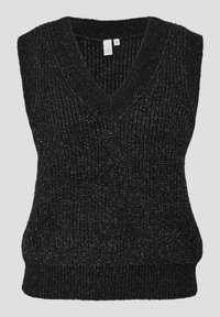 Černý a šedý melírovaný pletený bezrukávový svetr s ribovaným véčkovým výstřihem a spodním lemem, velikost malá.