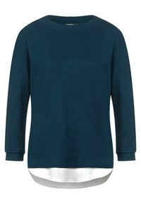 Mörkblå långärmad tröja med ribbade muddar och rundad halsringning, med en vit lagerdetalj i fållen.