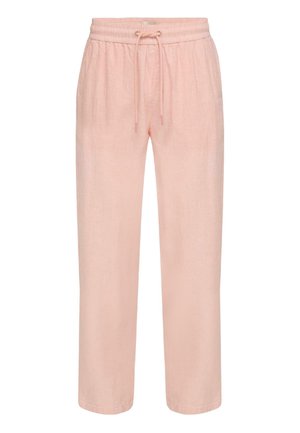 Lys rosa bukser med løs passform, elastisk midjebånd og justerbar snor foran, rette ben, ingen synlige lommer.