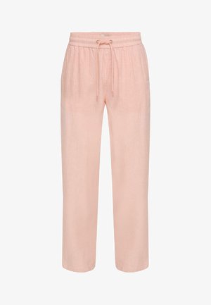 Lys rosa bukser med løs passform, elastisk midjebånd og justerbar snor foran, rette ben, ingen synlige lommer.
