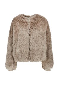 Giacca corta in pelliccia sintetica beige con una texture morbida e soffice, scollo arrotondato e chiusura frontale con zip. Presenta polsini elasticizzati.