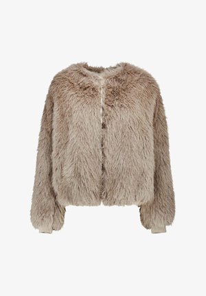 Veste courte en fausse fourrure beige au toucher doux et duveteux, avec un col arrondi et une fermeture éclair frontale. Manches avec poignets élastiques.