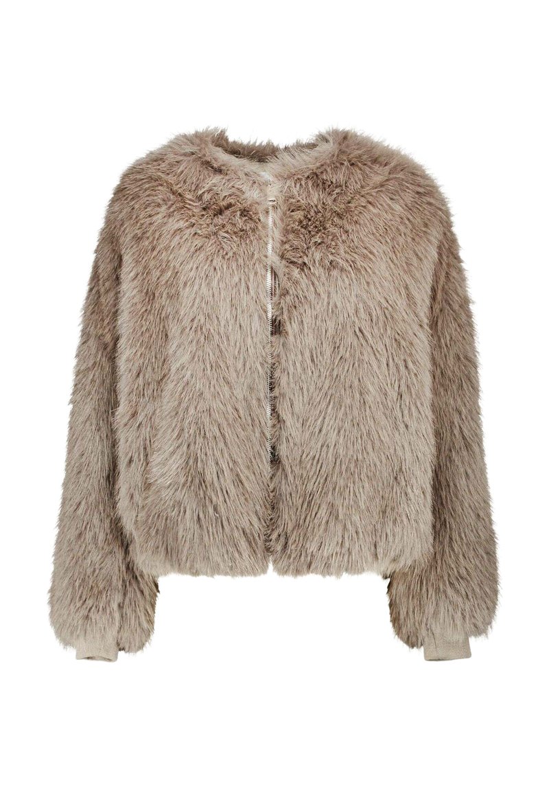 Giacca corta in pelliccia sintetica beige con una texture morbida e soffice, scollo arrotondato e chiusura frontale con zip. Presenta polsini elasticizzati.
