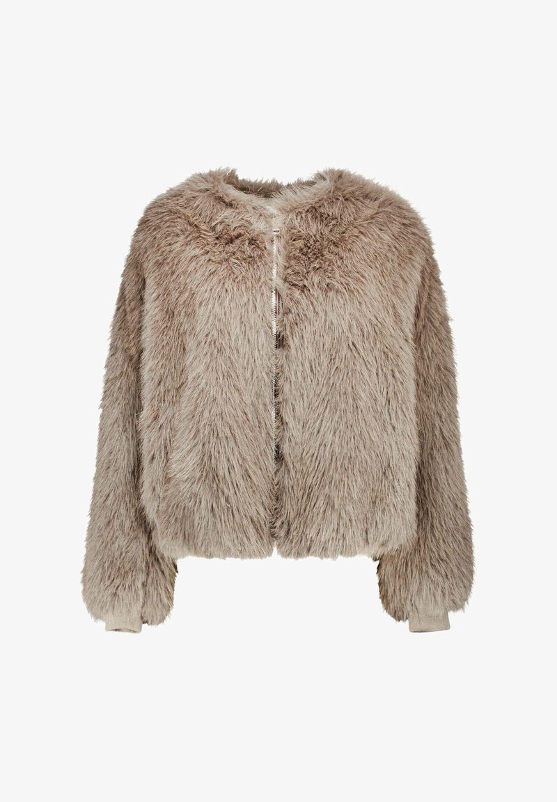 Giacca corta in pelliccia sintetica beige con una texture morbida e soffice, scollo arrotondato e chiusura frontale con zip. Presenta polsini elasticizzati.
