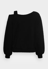 Svart sweatshirt med vid halsringning, långa puffärmar och ribbade ärmar. Har en asymmetrisk design med en axel exponerad.
